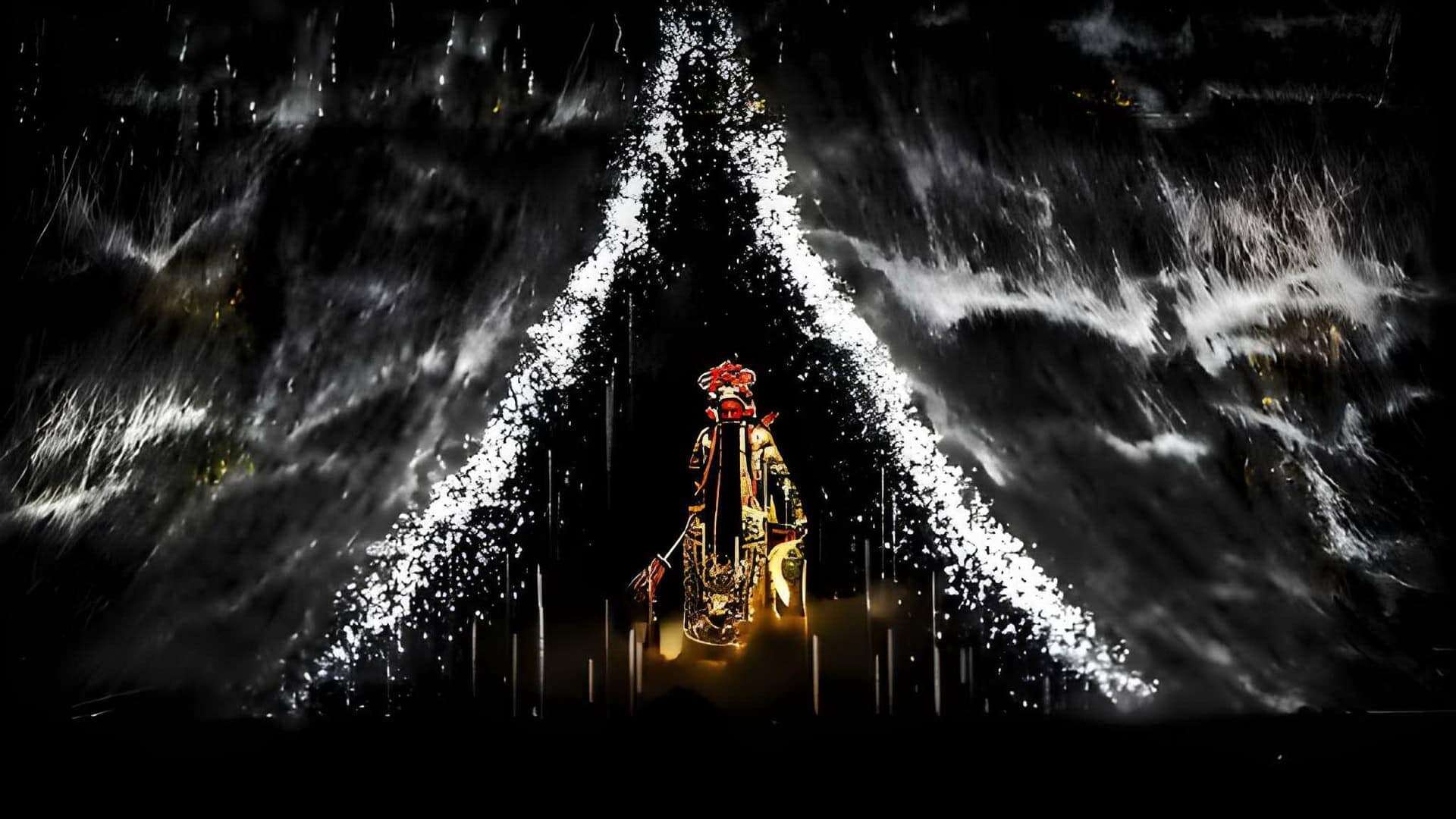 Peking Opera actor in full costume and red-faced makeup as Guan Gong, making a grand entrance on stage with commanding posture and traditional regalia