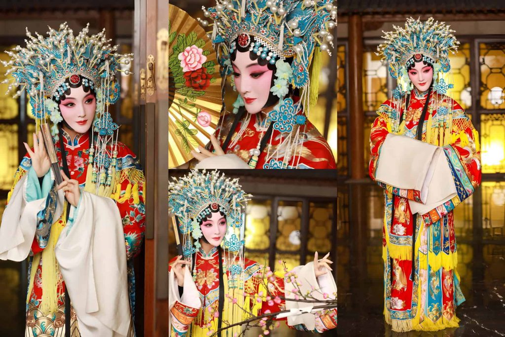 Audience member in elaborate Peking Opera costume and makeup posing for a souvenir photo at a theater