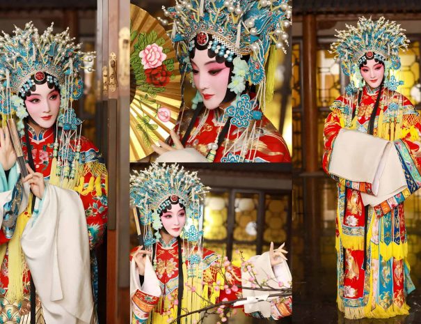 Audience member in elaborate Peking Opera costume and makeup posing for a souvenir photo at a theater