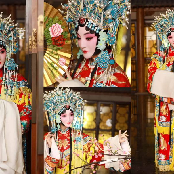 Audience member in elaborate Peking Opera costume and makeup posing for a souvenir photo at a theater