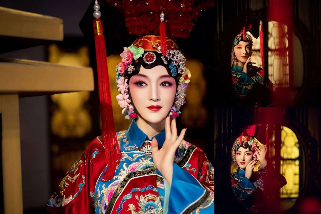 Audience member in elaborate Peking Opera costume and makeup posing for a souvenir photo at a theater