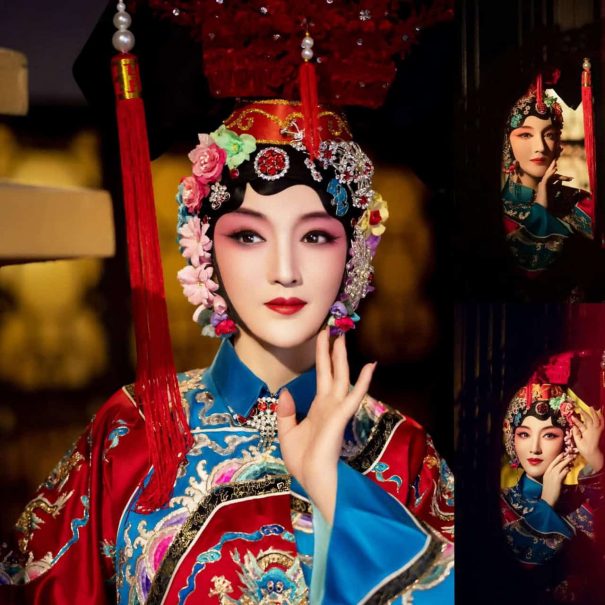 Audience member in elaborate Peking Opera costume and makeup posing for a souvenir photo at a theater