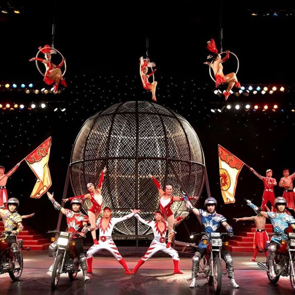Six motorcycles performing simultaneously inside steel cage at Chaoyang Theatre Beijing